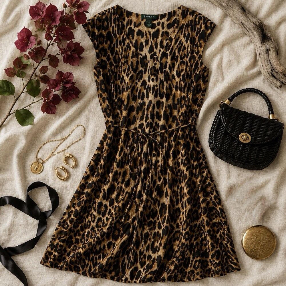 Lauren Ralph Lauren Leopard Print Tie Waist Lined Midi Dress XL